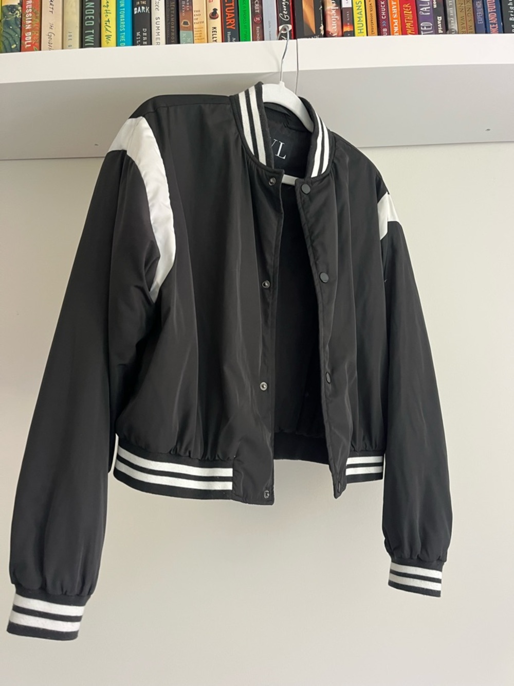 Black and White Striped-Trim Bomber Jacket - Women's